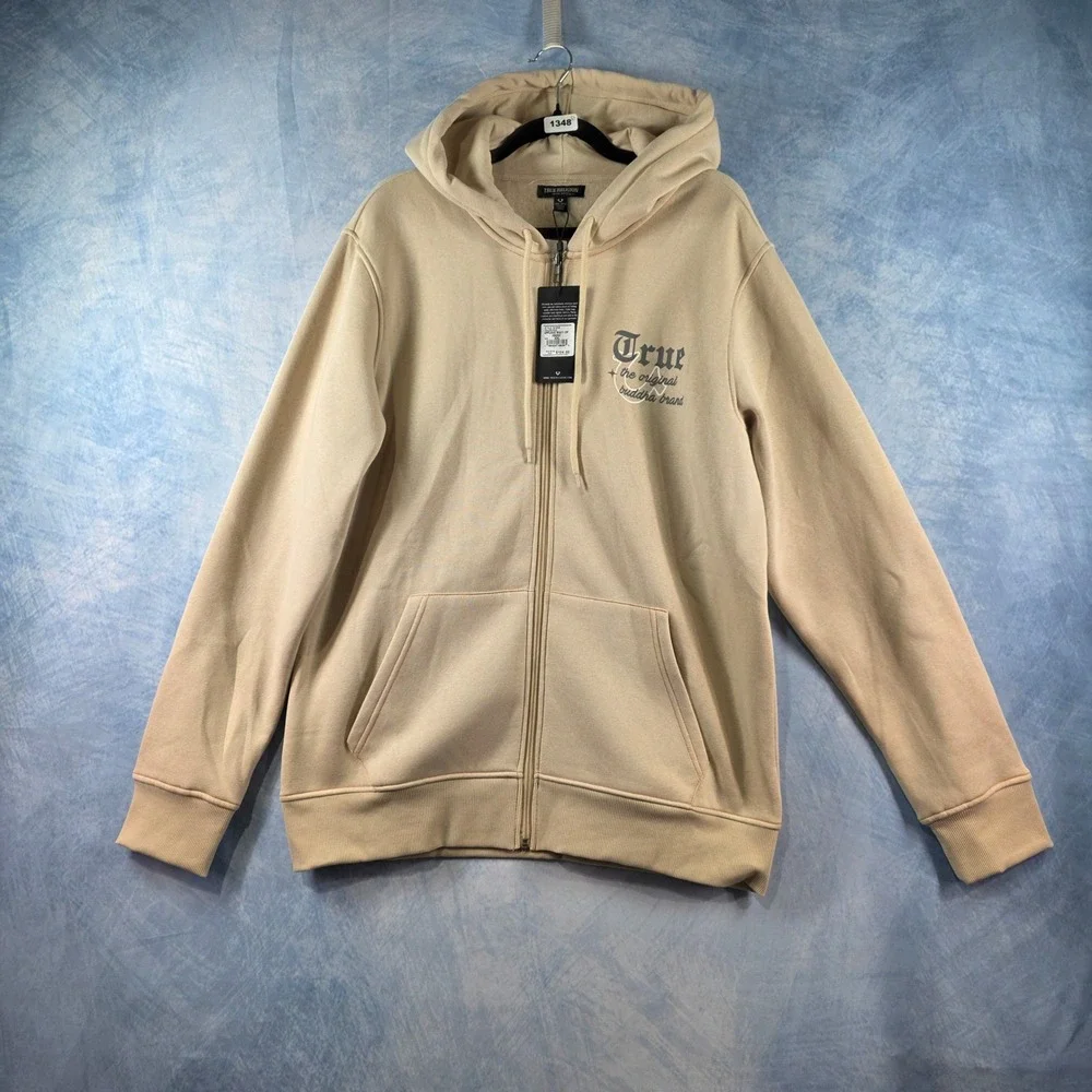 True Religion Mens Applique‎ Multi Zip Hoodie Fog Beige Fleece XXL 701228 NEW